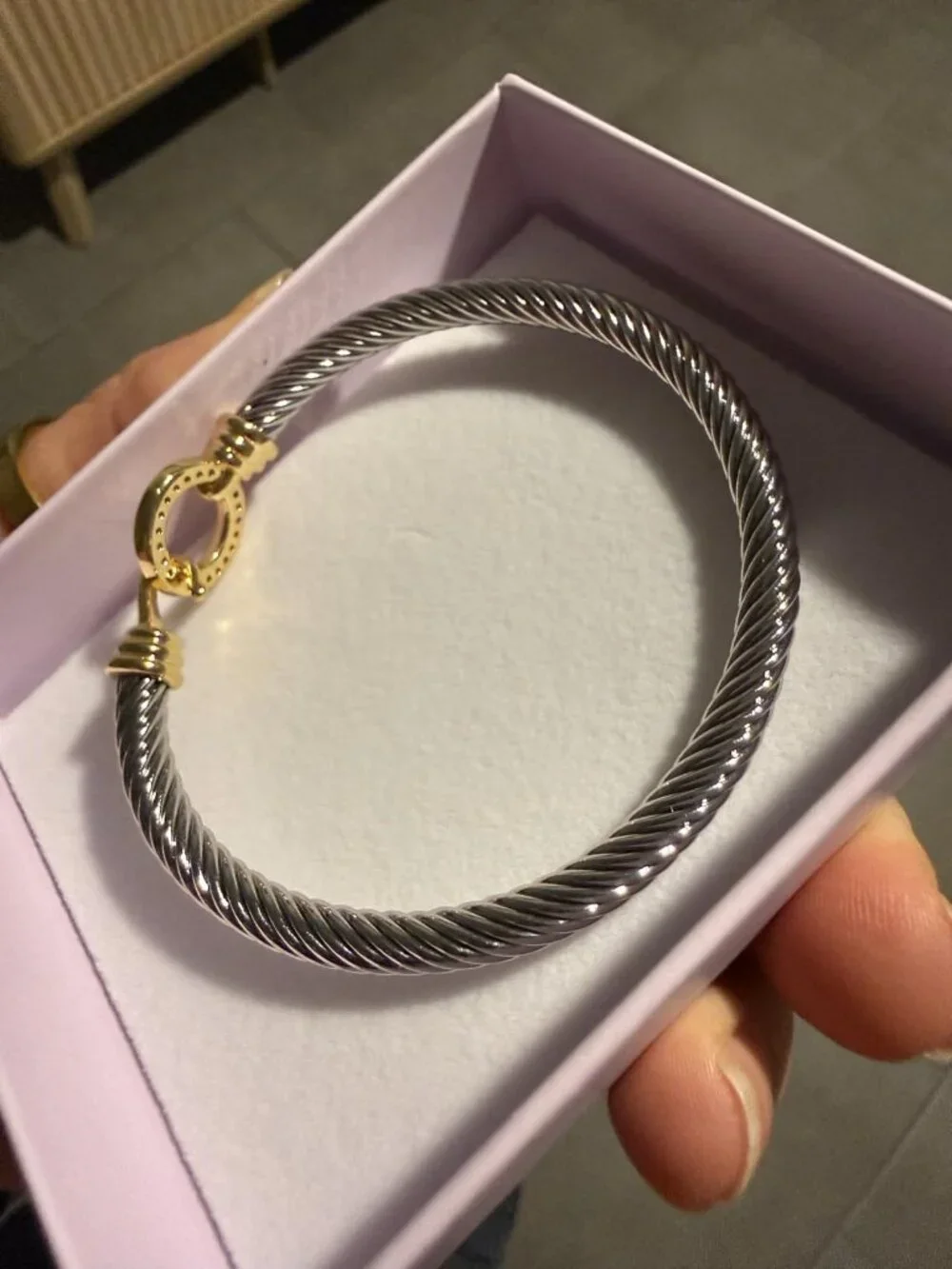 Two Tone Twisted Cable Cuff Bracelet Gold Silver Bangle for Women